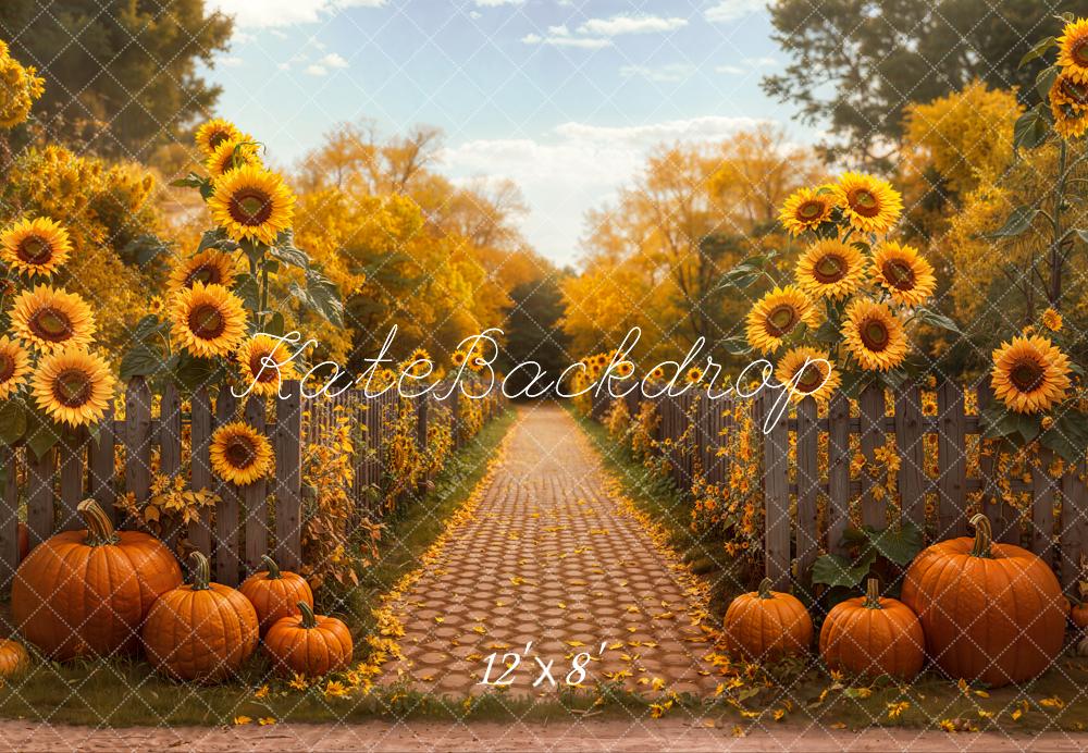 Kate Autumn Sunflower Pumpkin Cobblestone Path Fleece Backdrop Designed by Emetselch - Image 4