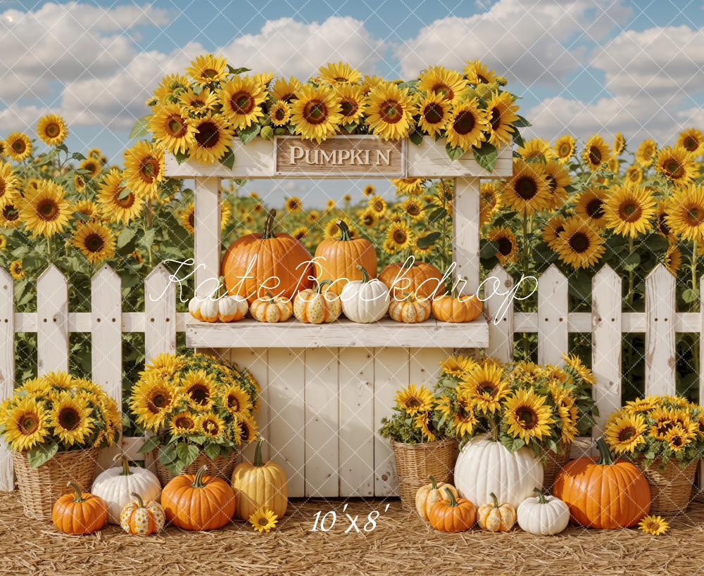 Kate Autumn Sunflowers Pumpkin Fence Fleece Backdrop Designed by Emetselch - Image 3