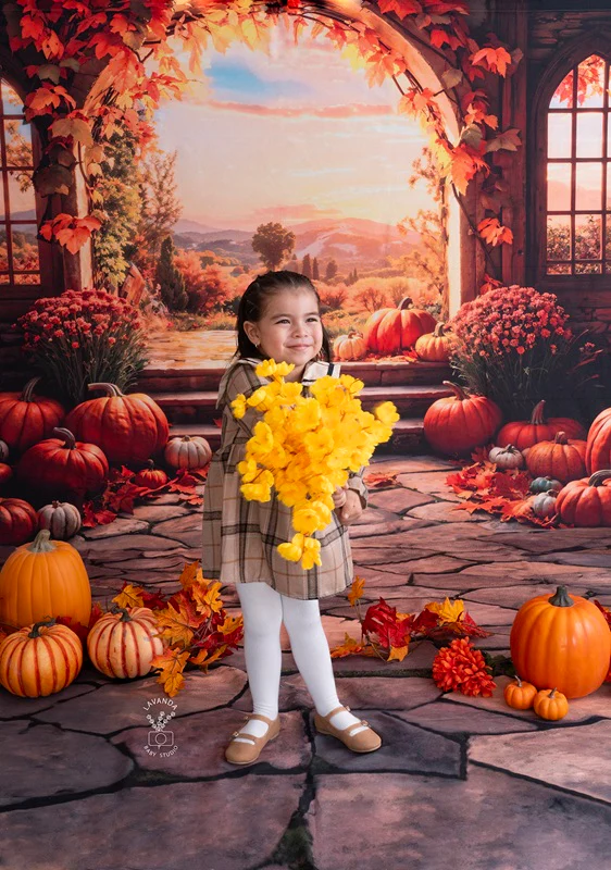 Kate Autumn Sunset Pumpkin Arch Backdrop+ Brown Stone Path Floor Backdrop - Image 2
