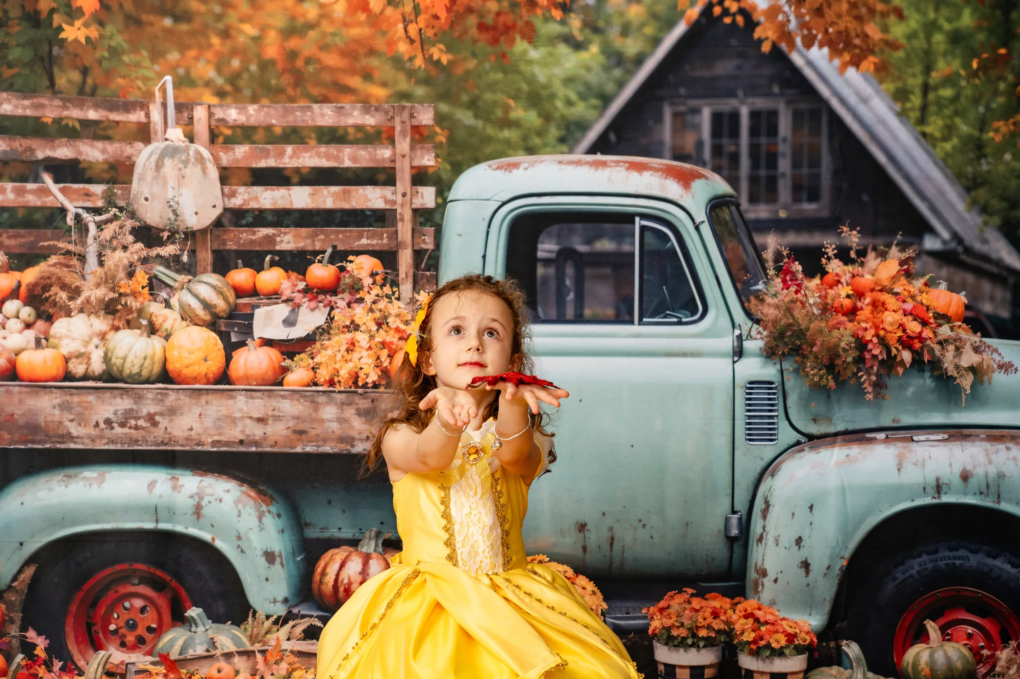 Kate Autumn Truck Golden Leaves Backdrop Designed by Chain Photography - Image 5