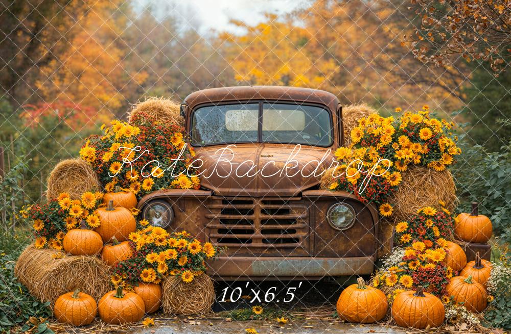 Kate Autumn Truck Pumpkins Hay Bales Fleece Backdrop Designed by Emetselch - Image 2