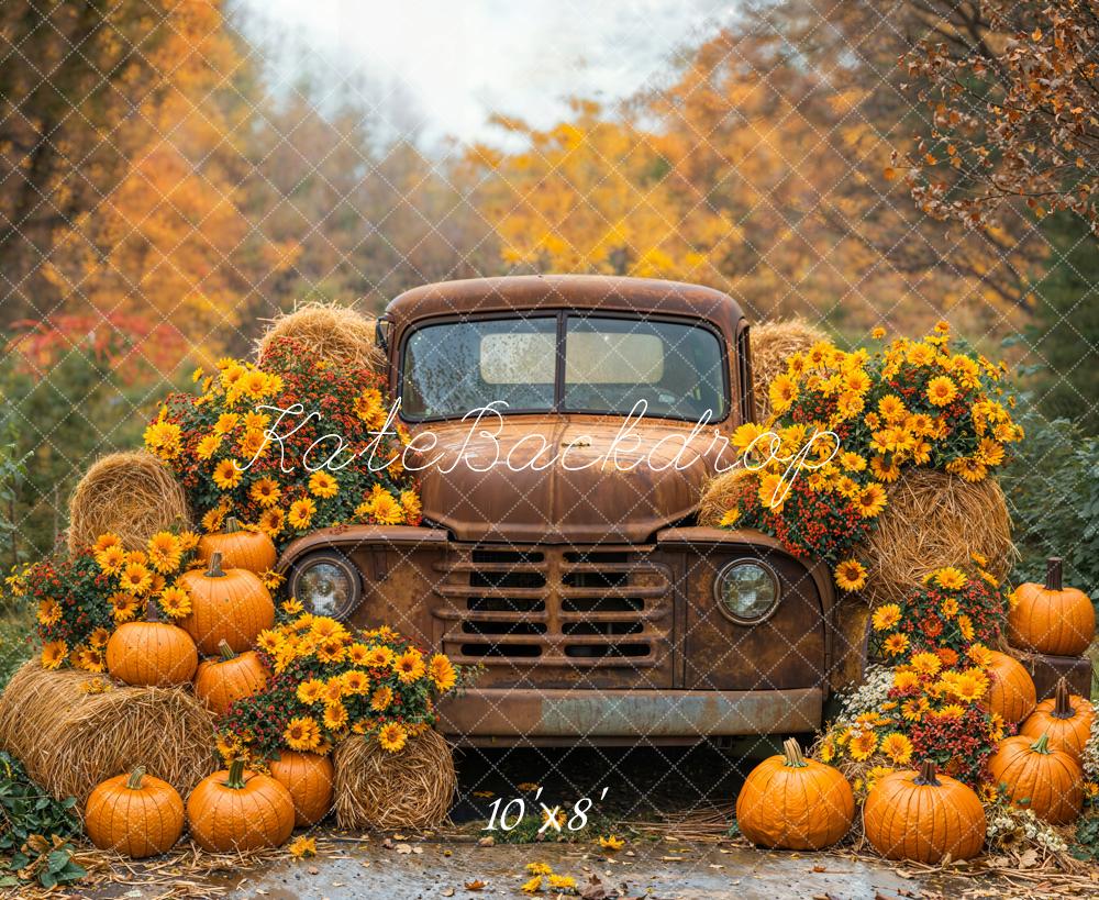 Kate Autumn Truck Pumpkins Hay Bales Fleece Backdrop Designed by Emetselch - Image 3