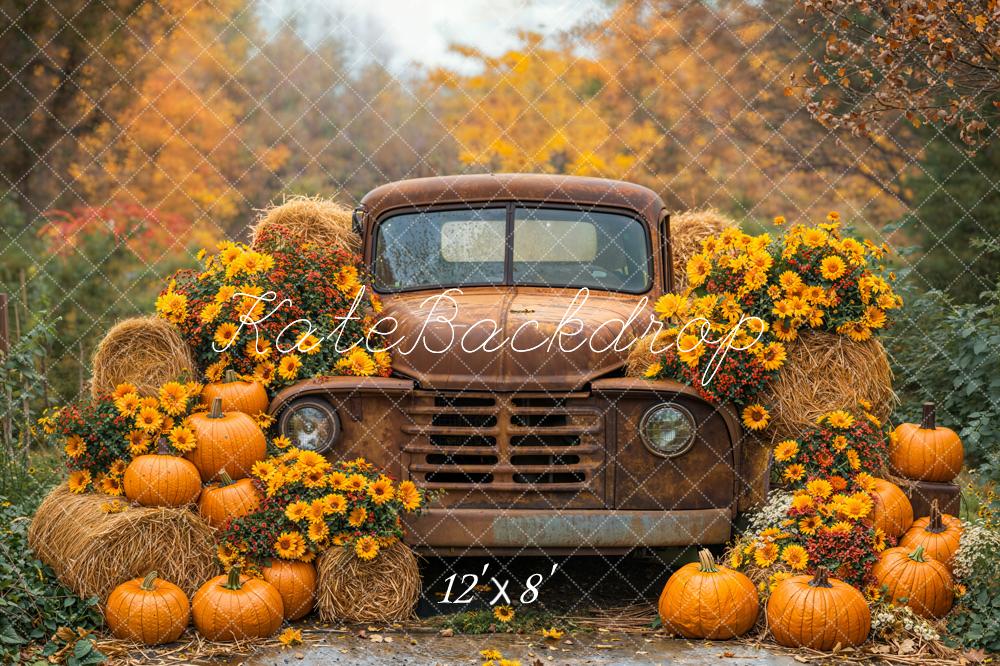 Kate Autumn Truck Pumpkins Hay Bales Fleece Backdrop Designed by Emetselch - Image 4