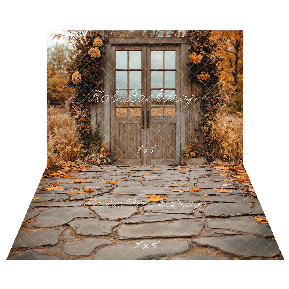 Kate Autumn Vintage Wooden Door Backdrop+Gray Cobblestone Road Floor Backdrop - Image 2