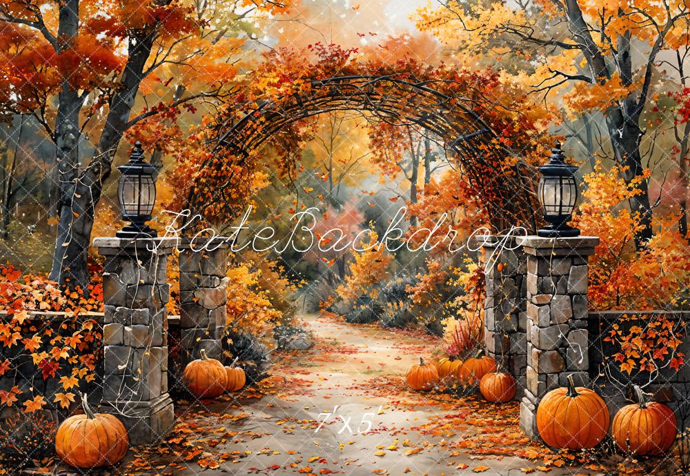 Kate Autumn Retro Watercolor Forest Pumpkin Arch Gate Backdrop Designed by GQ - Image 2
