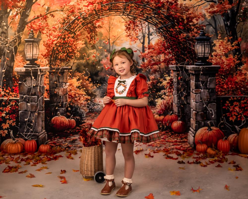 Kate Autumn Retro Watercolor Forest Pumpkin Arch Gate Backdrop Designed by GQ - Image 3
