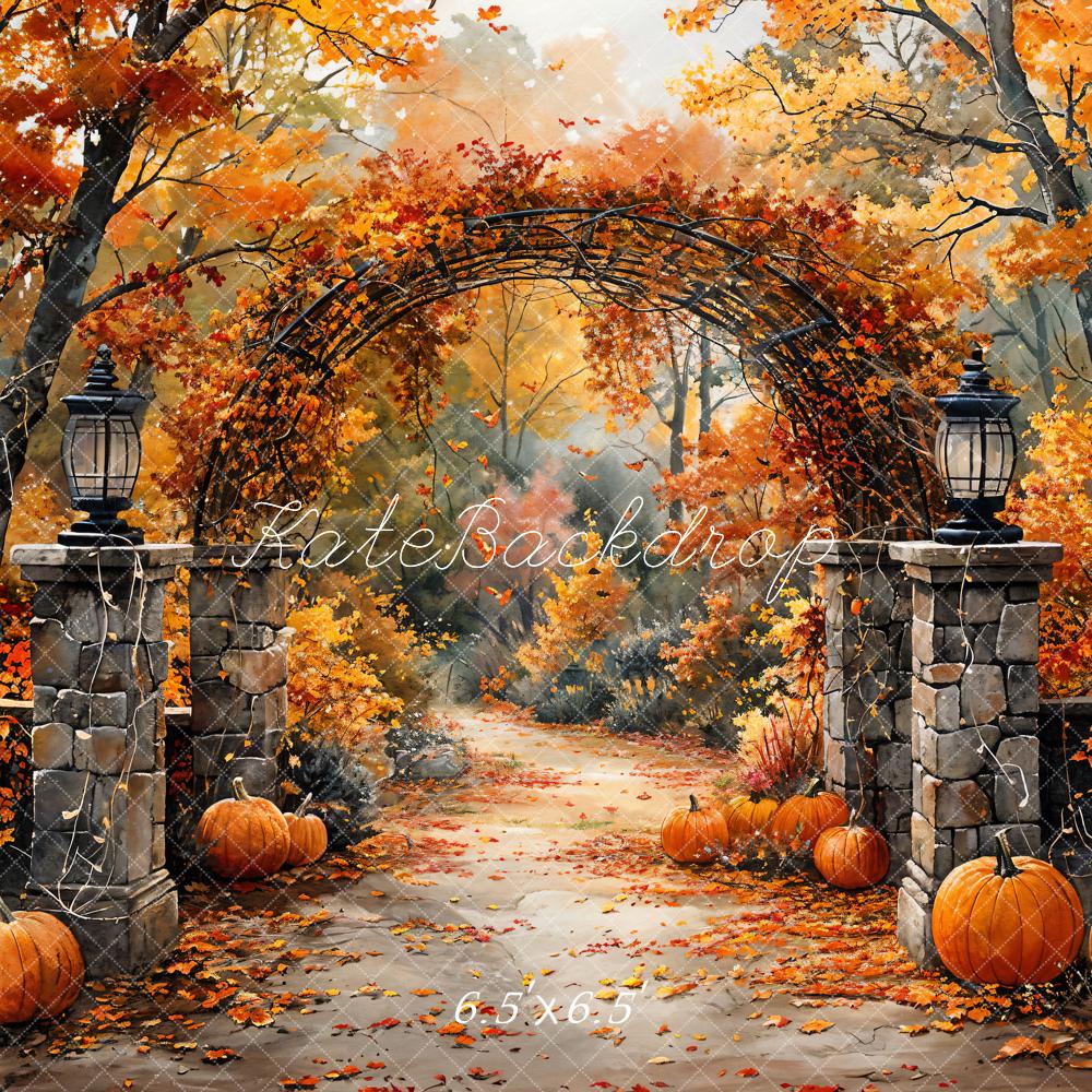 Kate Autumn Retro Watercolor Forest Pumpkin Arch Gate Backdrop Designed by GQ - Image 4