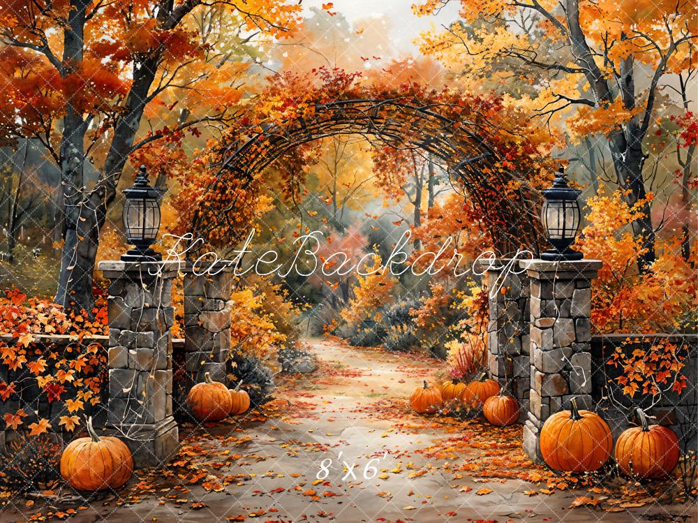 Kate Autumn Retro Watercolor Forest Pumpkin Arch Gate Backdrop Designed by GQ - Image 5