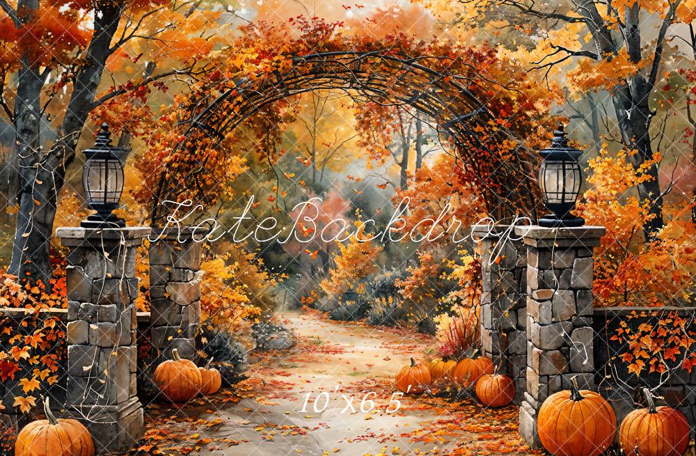 Kate Autumn Retro Watercolor Forest Pumpkin Arch Gate Backdrop Designed by GQ - Image 7