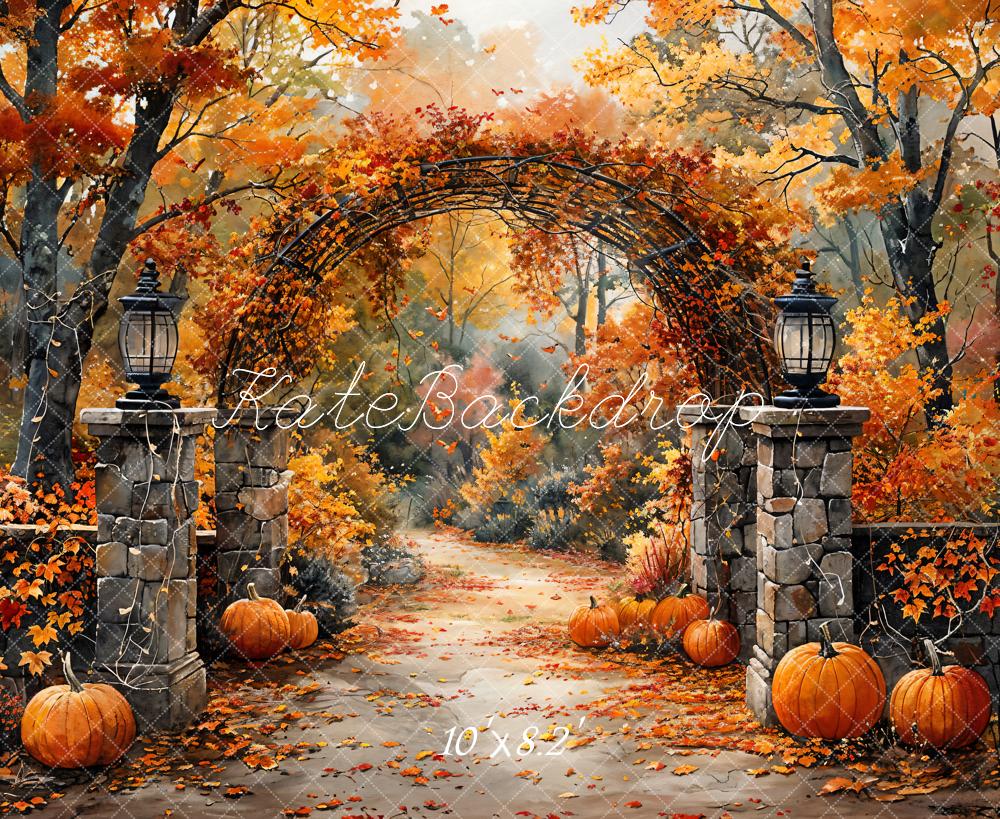 Kate Autumn Retro Watercolor Forest Pumpkin Arch Gate Backdrop Designed by GQ - Image 8