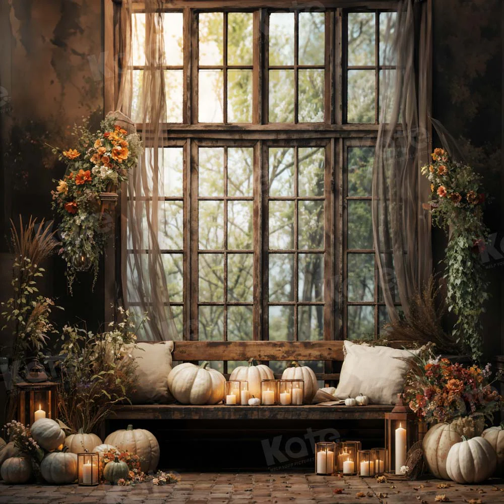 Kate Autumn White Pumpkin Retro Window Room Backdrop Designed by Emetselch - Image 2