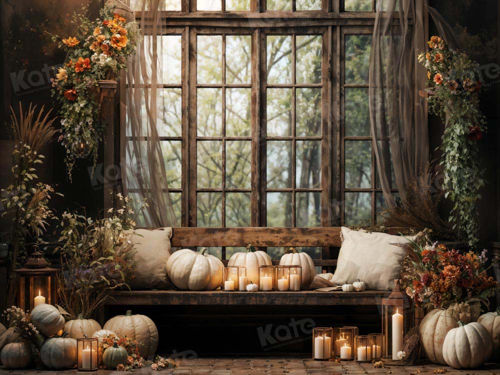 Kate Autumn White Pumpkin Retro Window Room Backdrop Designed by Emetselch - Image 3