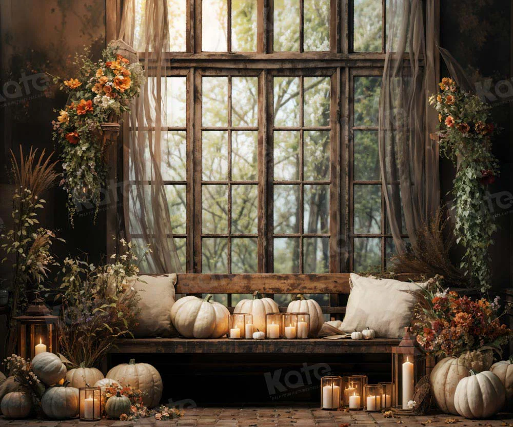 Kate Autumn White Pumpkin Retro Window Room Backdrop Designed by Emetselch - Image 4