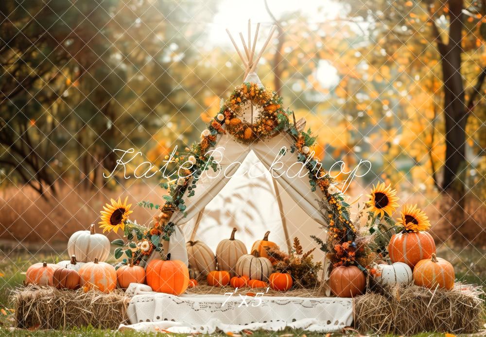 Kate Autumn White Teepee Sunflowers Pumpkins Backdrop Designed by Patty Robert - Image 2