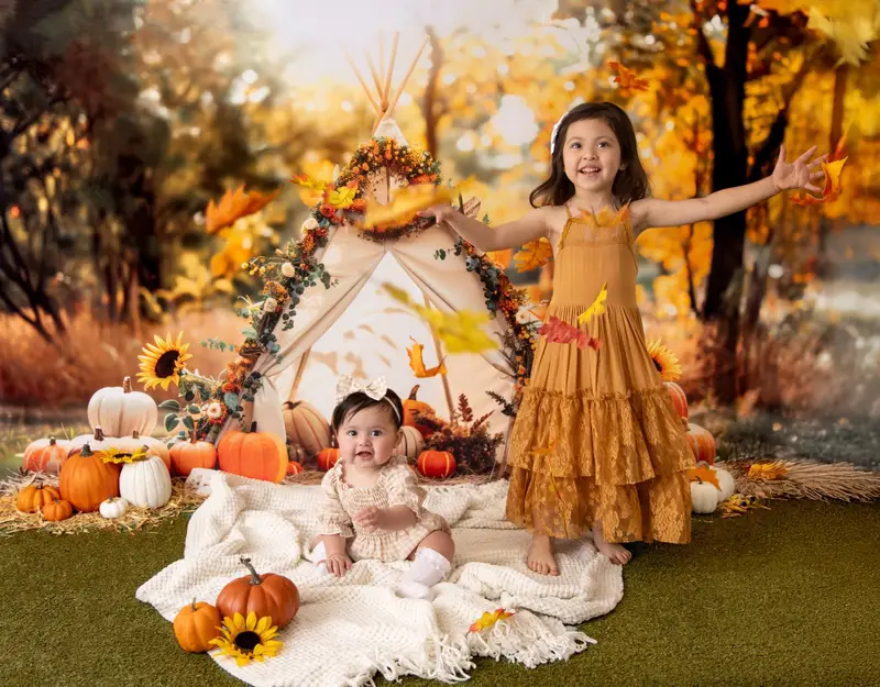 Kate Autumn White Teepee Sunflowers Pumpkins Backdrop Designed by Patty Robert - Image 3