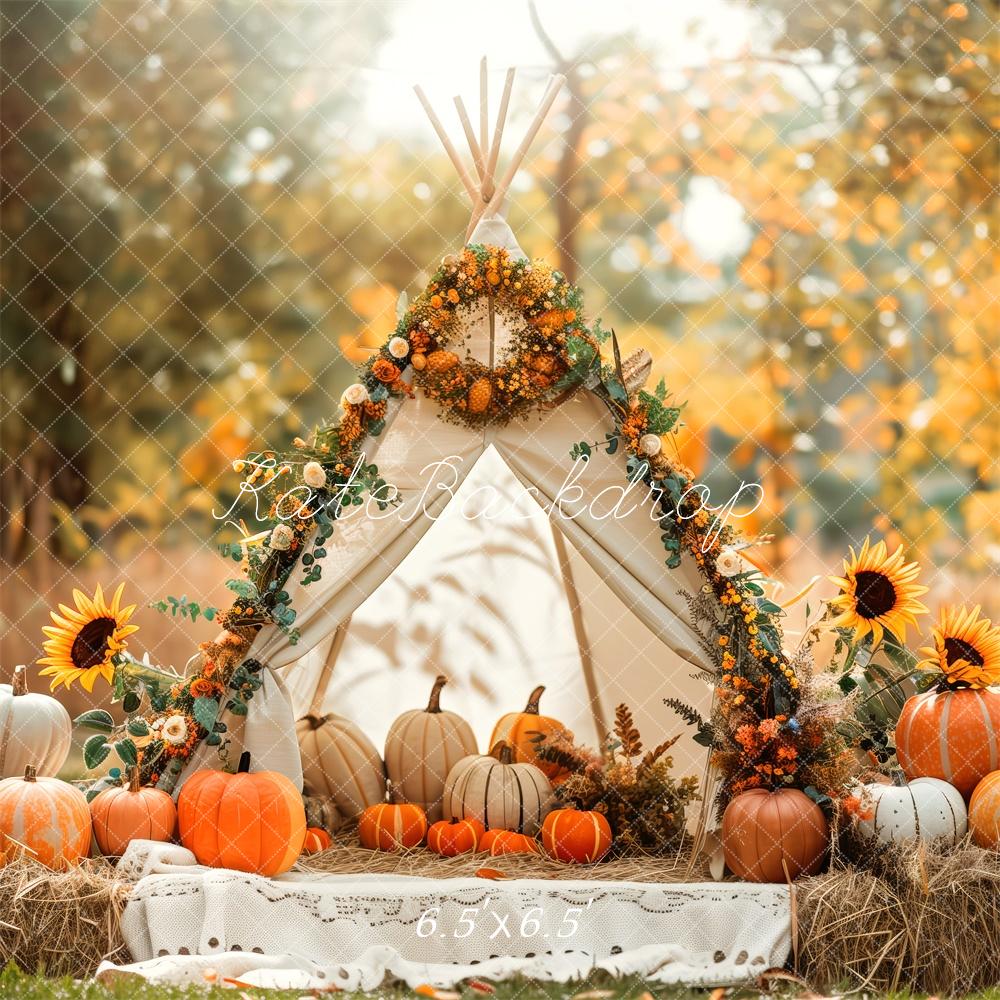 Kate Autumn White Teepee Sunflowers Pumpkins Backdrop Designed by Patty Robert - Image 4