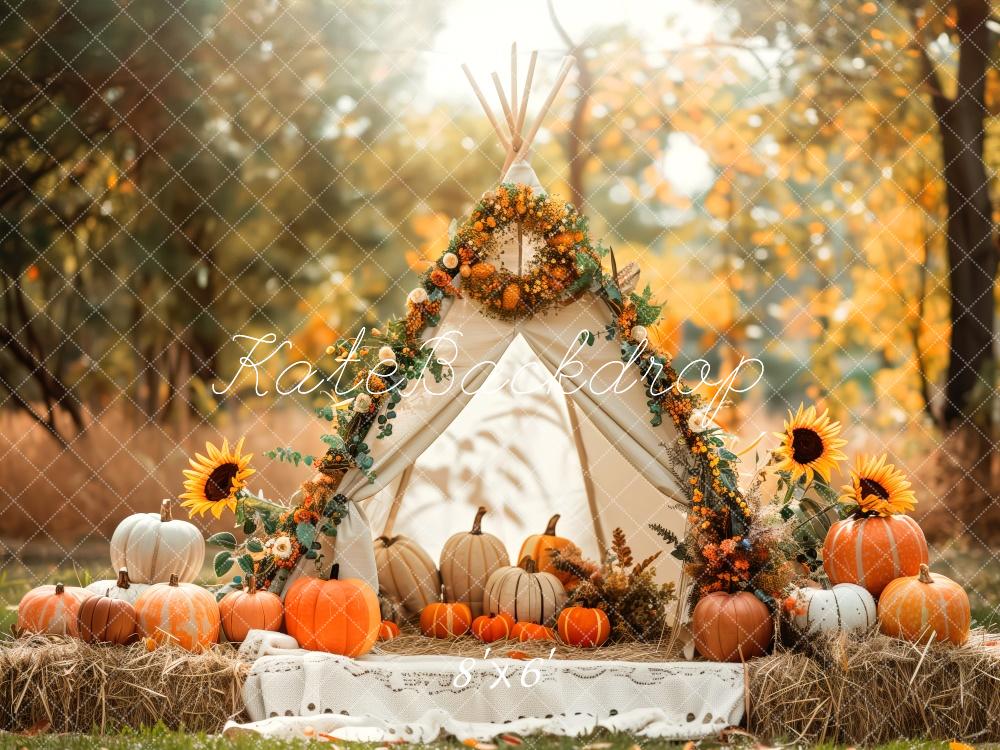 Kate Autumn White Teepee Sunflowers Pumpkins Backdrop Designed by Patty Robert - Image 5