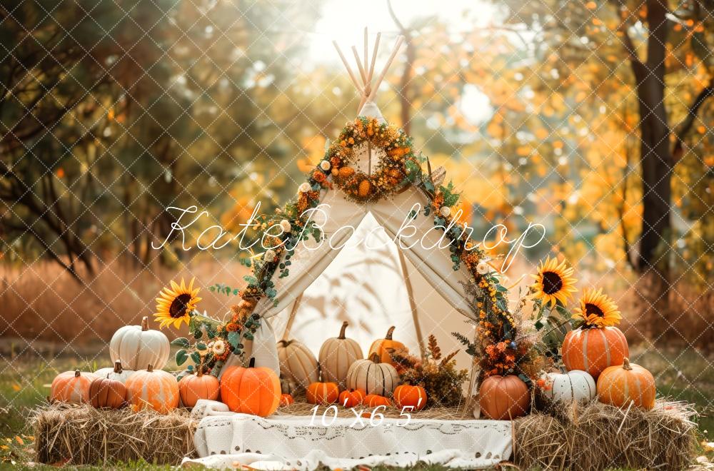 Kate Autumn White Teepee Sunflowers Pumpkins Backdrop Designed by Patty Robert - Image 6