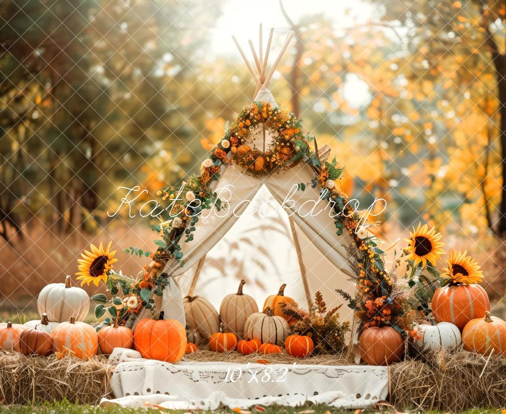 Kate Autumn White Teepee Sunflowers Pumpkins Backdrop Designed by Patty Robert - Image 7