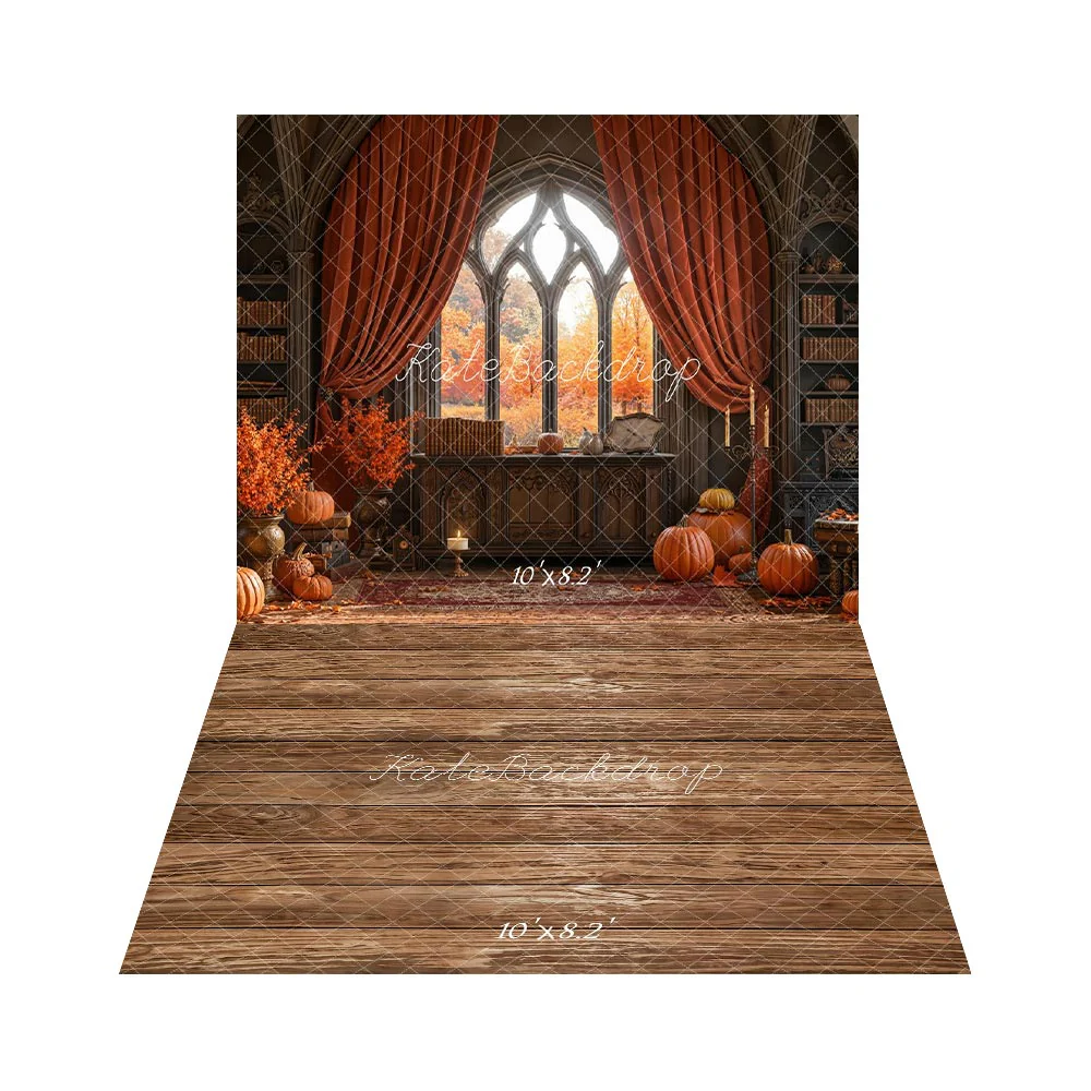 Kate Autumn Window Books Pumpkins Curtains Backdrop+Brown Wooden Floor Backdrop - Image 2