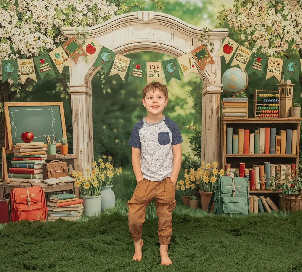 Kate Back To School Arch Bookshelf Chalkboard Backdrop Designed by Emetselch - Image 3