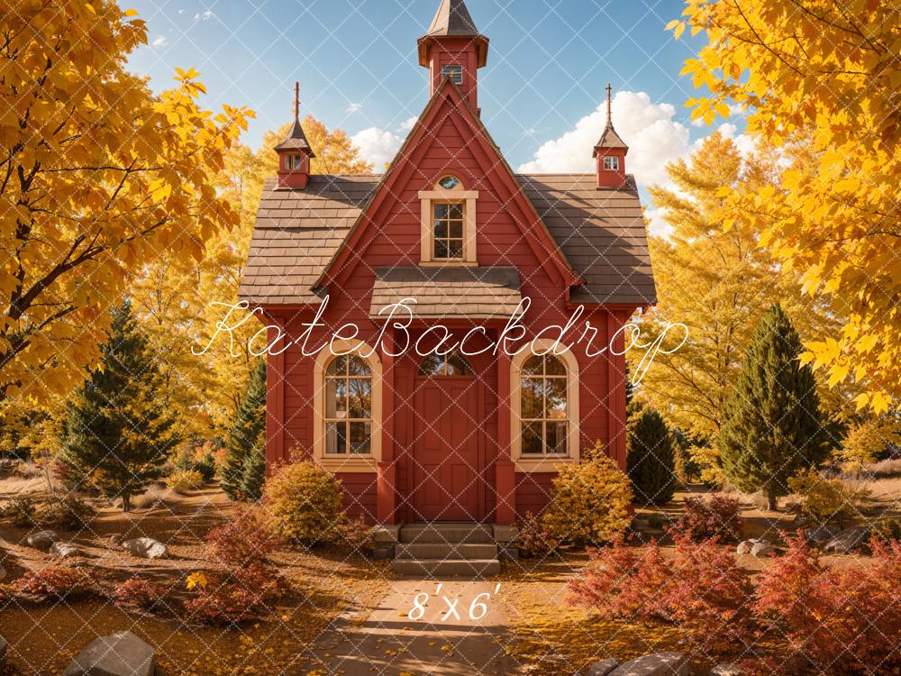 Kate Back to School Autumn Forest Red House Backdrop Designed by Emetselch - Image 3