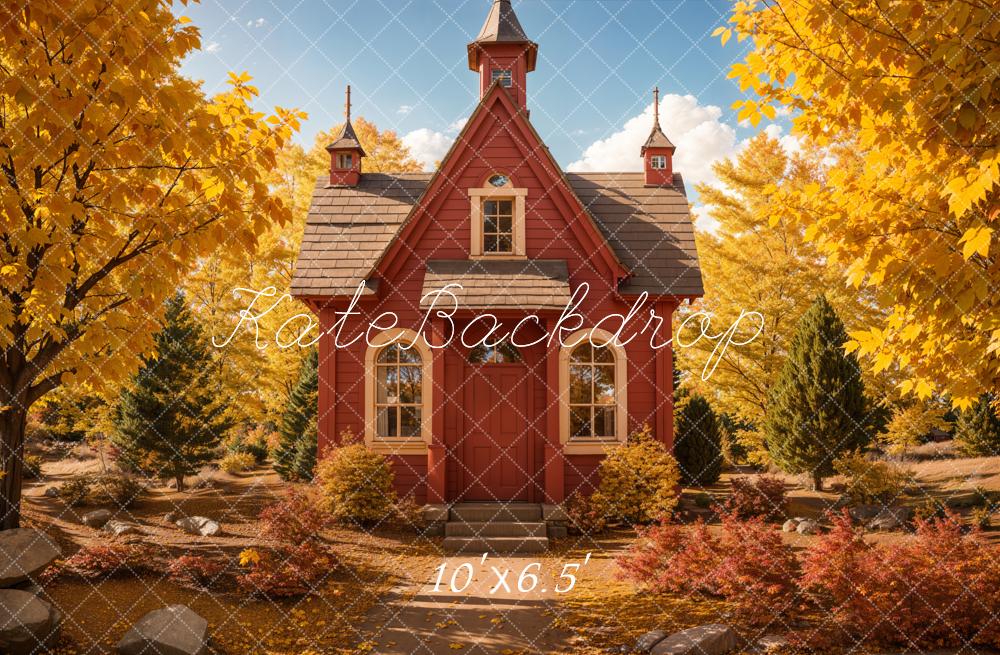 Kate Back to School Autumn Forest Red House Backdrop Designed by Emetselch - Image 4