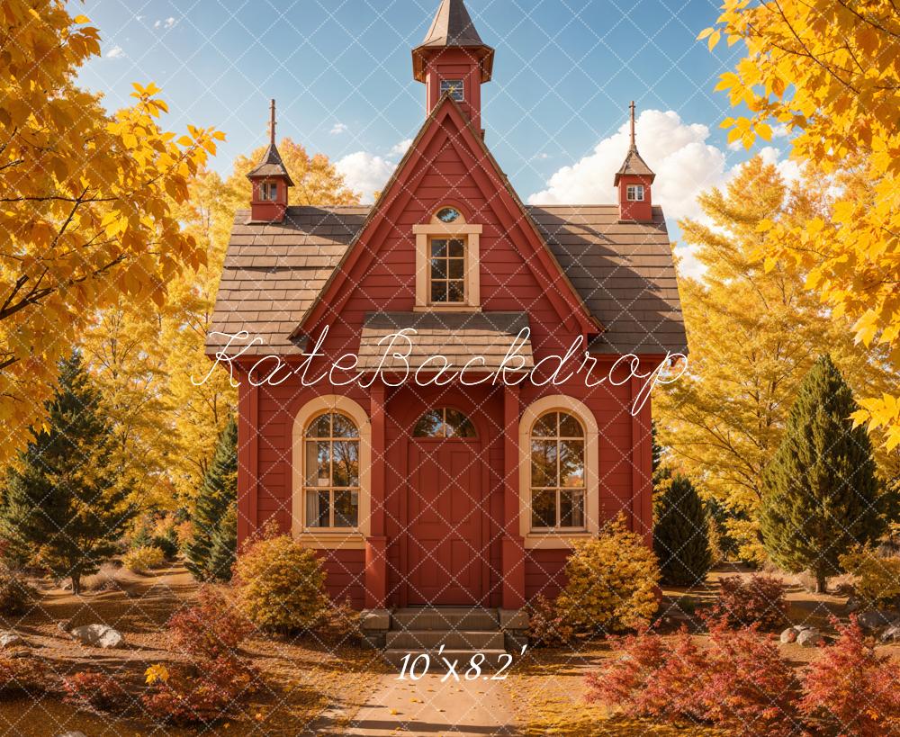 Kate Back to School Autumn Forest Red House Backdrop Designed by Emetselch - Image 5