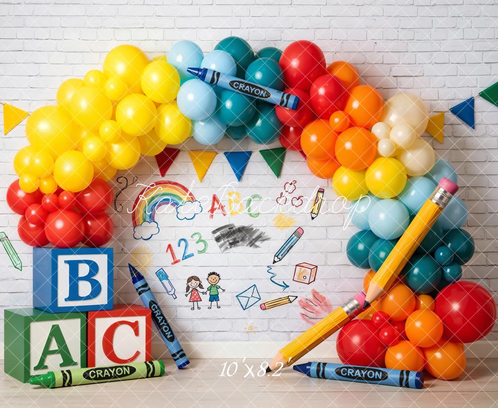 Kate Back To School Balloons Crayons Blocks Fleece Backdrop Designed by Emetselch - Image 3