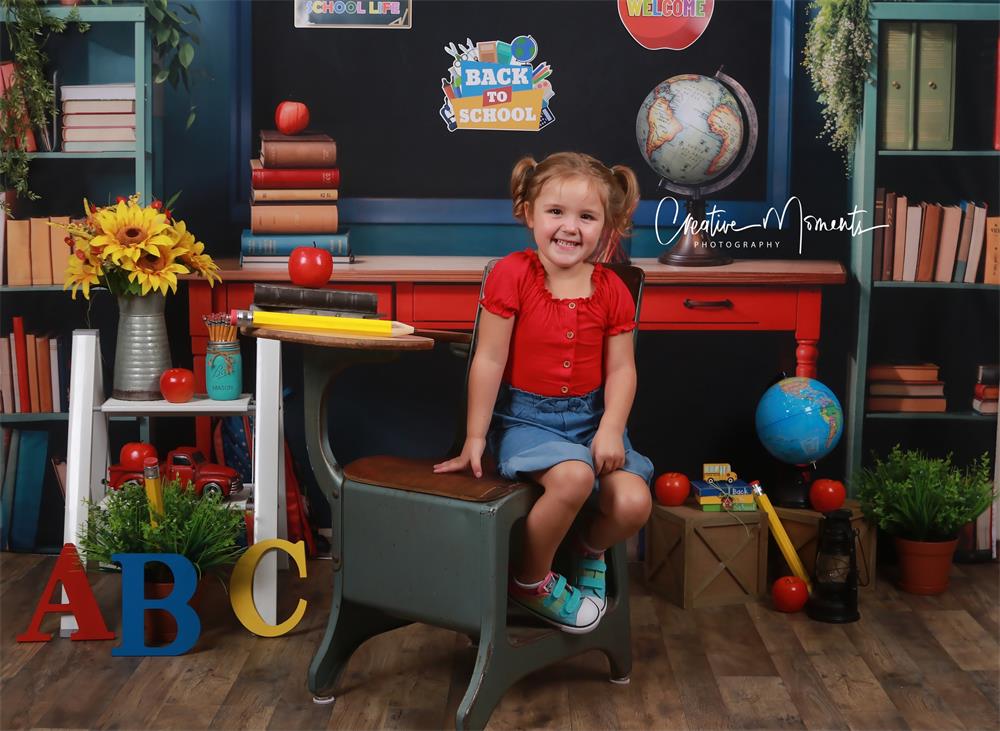 Kate Back to School Book Apple Globe Blackboard Backdrop Designed by Emetselch