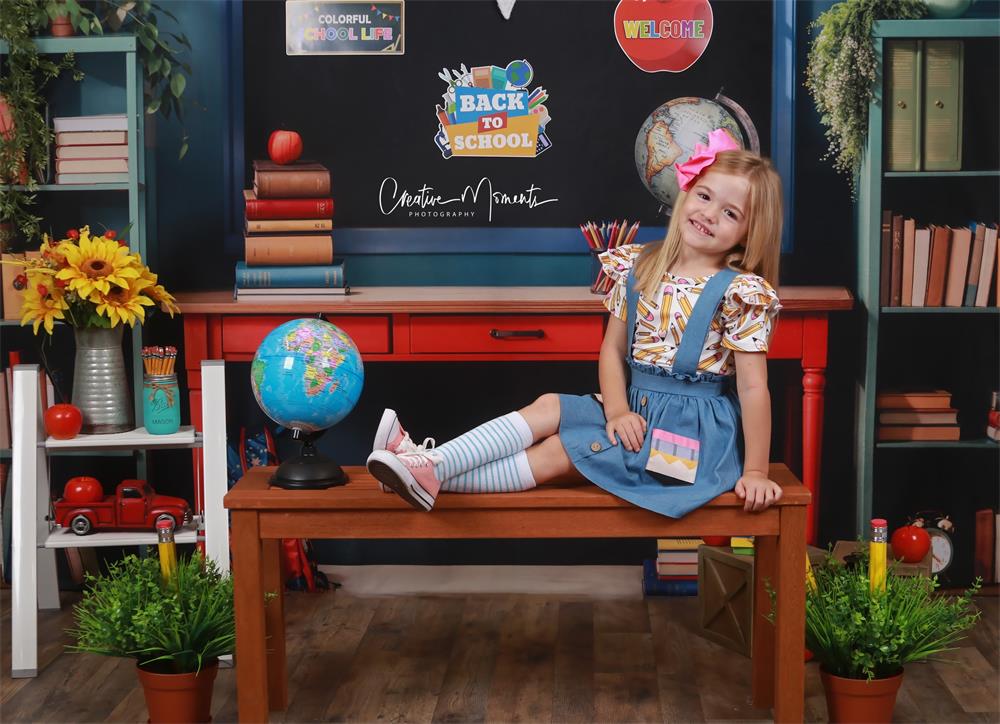 Kate Back to School Book Apple Globe Blackboard Backdrop Designed by Emetselch - Image 3