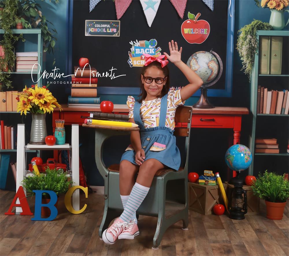 Kate Back to School Book Apple Globe Blackboard Backdrop Designed by Emetselch - Image 5