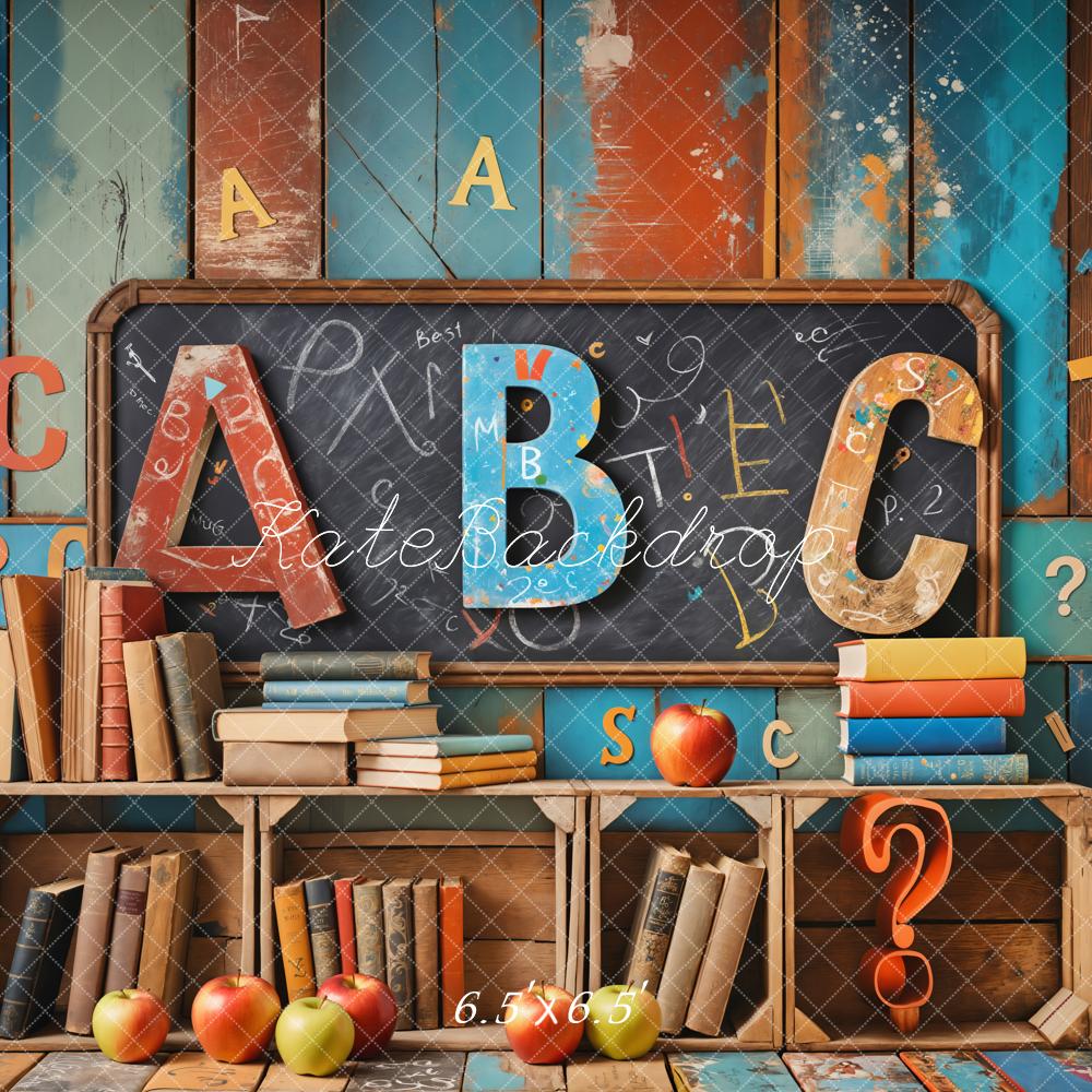 Kate Back to School Book Blackboard Colorful Wooden Wall Backdrop Designed by Emetselch - Image 3