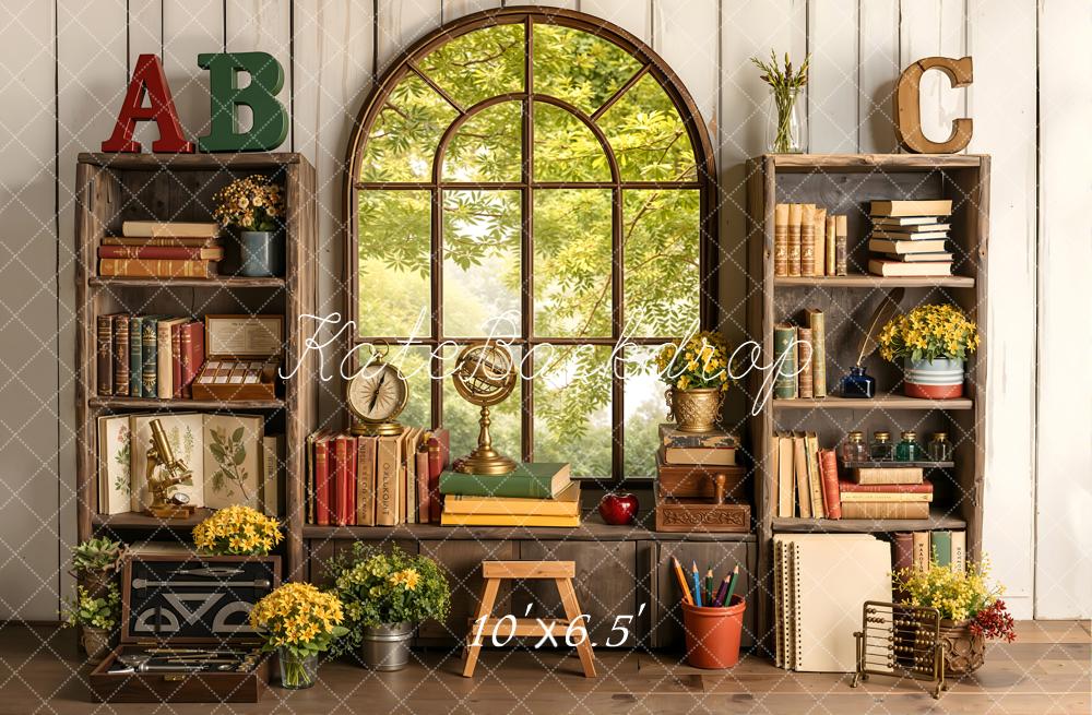 Kate Back to School Bookshelves Window Plants Fleece Backdrop Designed by Emetselch - Image 2