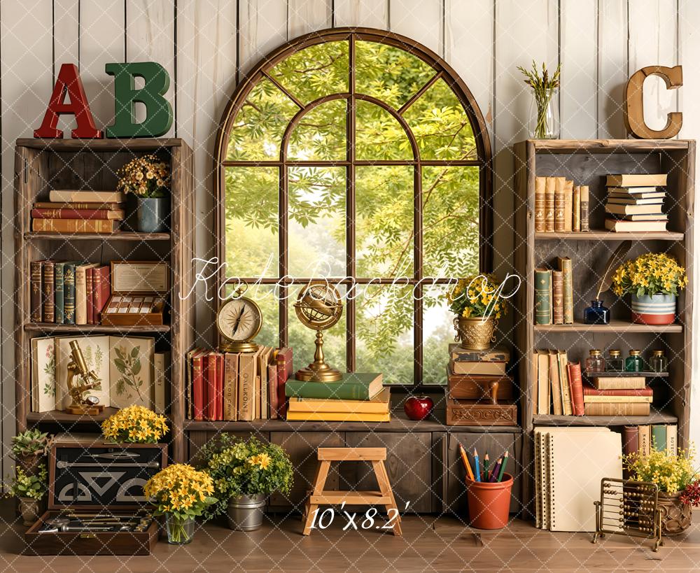 Kate Back to School Bookshelves Window Plants Fleece Backdrop Designed by Emetselch - Image 3