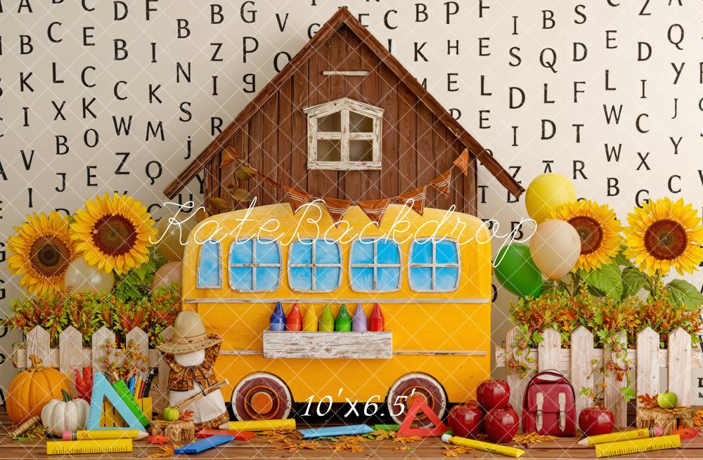 Kate Back To School Bus House Sunflowers Alphabet Backdrop Designed by Emstselch - Image 4