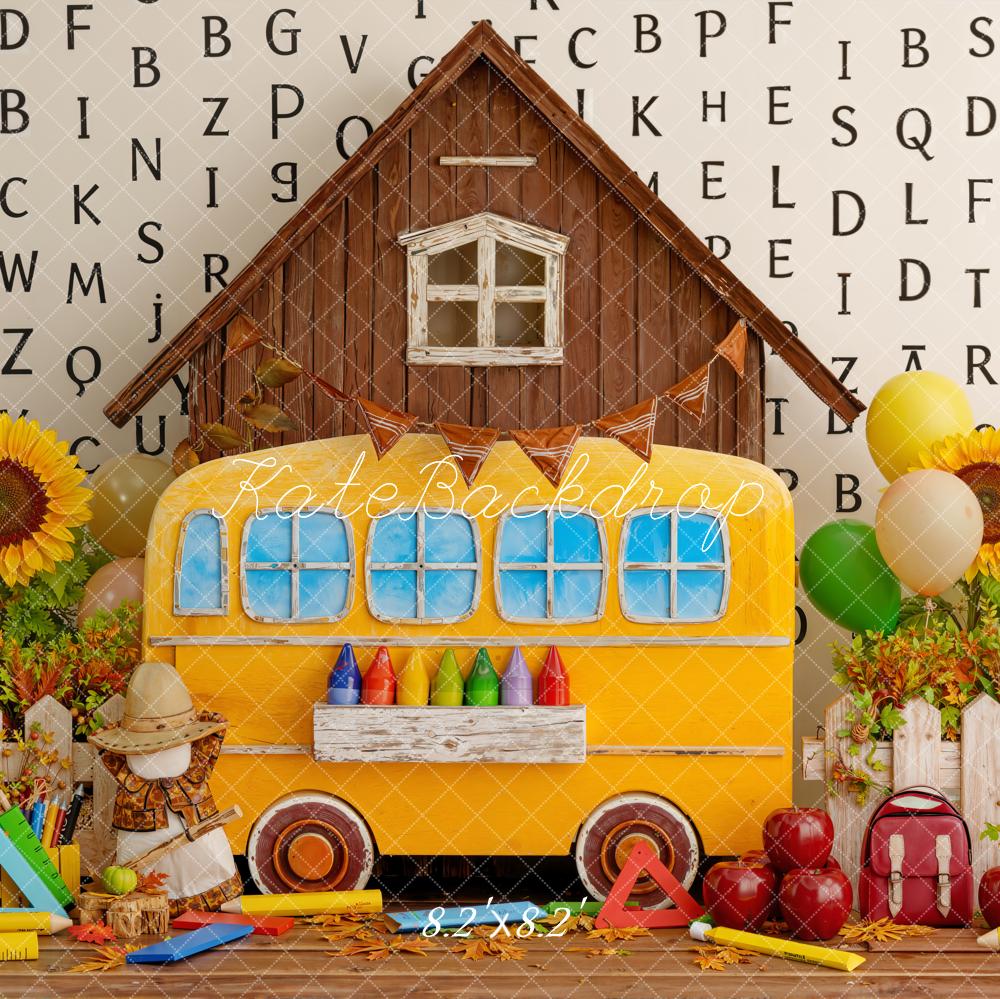 Kate Back To School Bus House Sunflowers Alphabet Backdrop Designed by Emstselch - Image 5