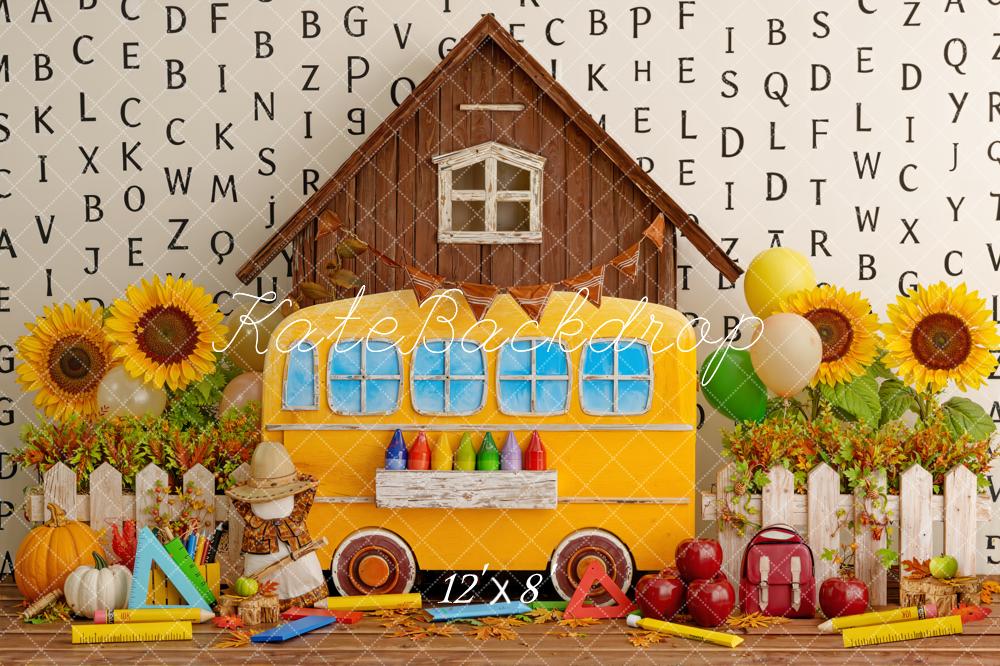 Kate Back To School Bus House Sunflowers Alphabet Backdrop Designed by Emstselch - Image 8