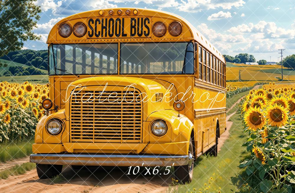 Kate Back To School Bus Sunflower Field Fleece Backdrop Designed by Emetselch - Image 2