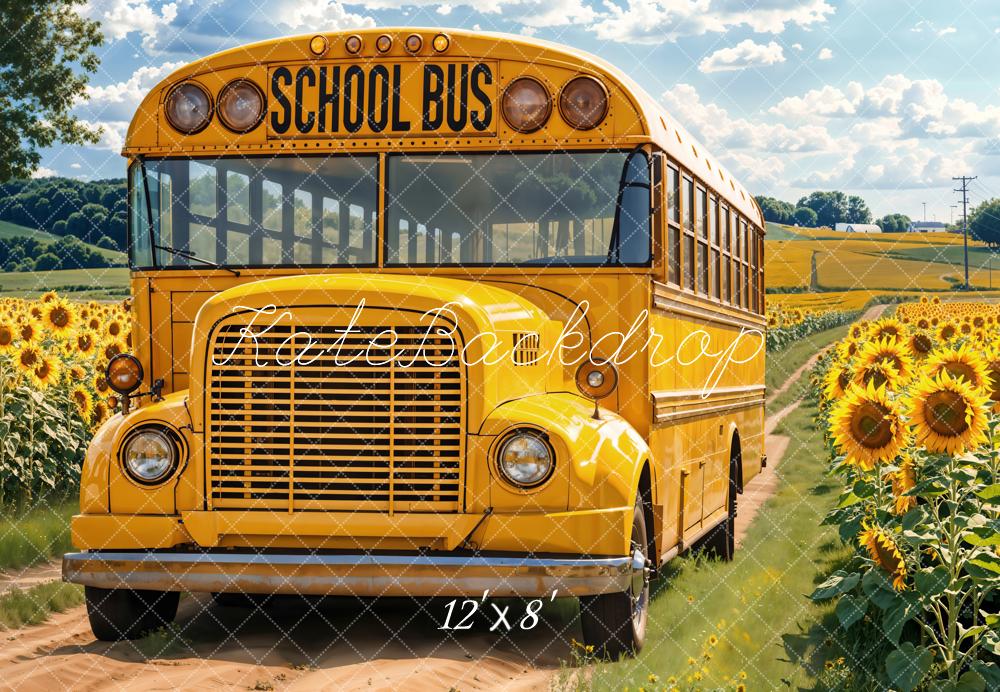 Kate Back To School Bus Sunflower Field Fleece Backdrop Designed by Emetselch - Image 4