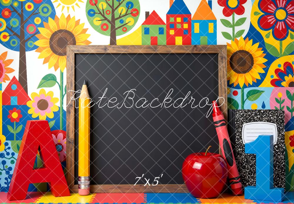 Kate Back To School Chalkboard Apple Colourful Houses Backdrop Designed by Mini MakeBelieve - Image 2