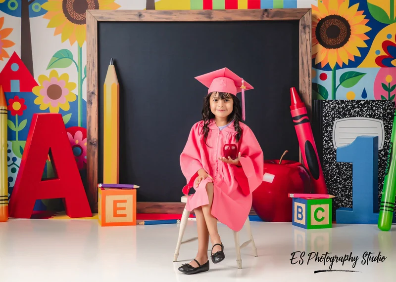 Kate Back To School Chalkboard Apple Colourful Houses Backdrop Designed by Mini MakeBelieve - Image 3