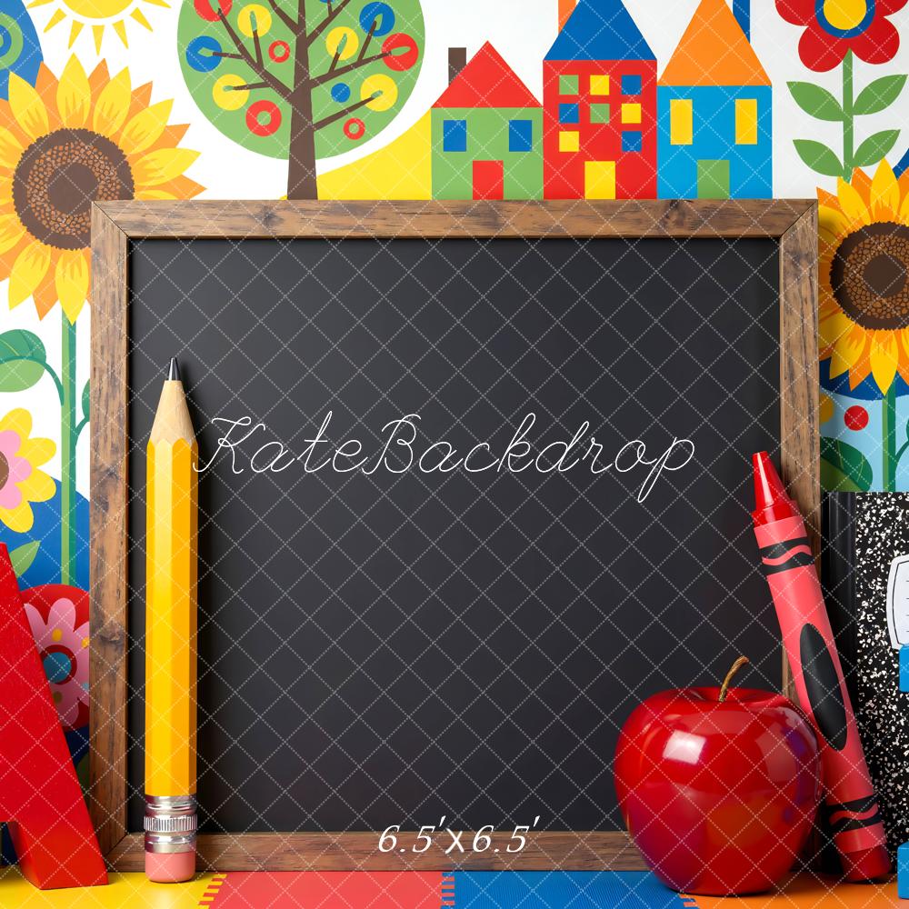 Kate Back To School Chalkboard Apple Colourful Houses Backdrop Designed by Mini MakeBelieve - Image 4