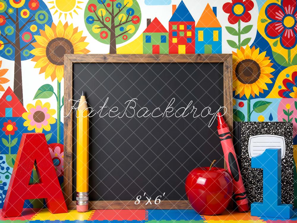 Kate Back To School Chalkboard Apple Colourful Houses Backdrop Designed by Mini MakeBelieve - Image 5