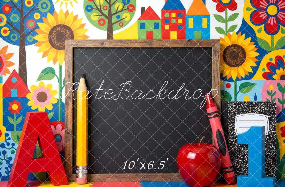 Kate Back To School Chalkboard Apple Colourful Houses Backdrop Designed by Mini MakeBelieve - Image 6