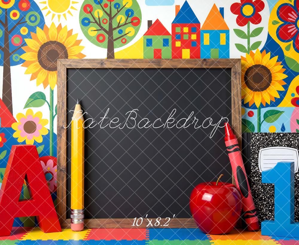 Kate Back To School Chalkboard Apple Colourful Houses Backdrop Designed by Mini MakeBelieve - Image 8