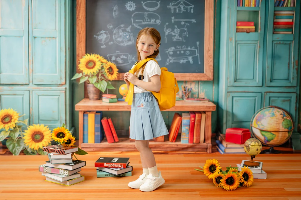 Kate Back to school Chalkboard Blue Backdrop+Orange Wooden Floor Backdrop - Image 3