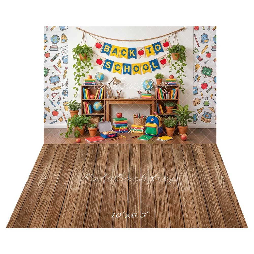 Kate Back To School Classroom Books Illustrations Backdrop+Brown Wood Texture Backdrop - Image 2