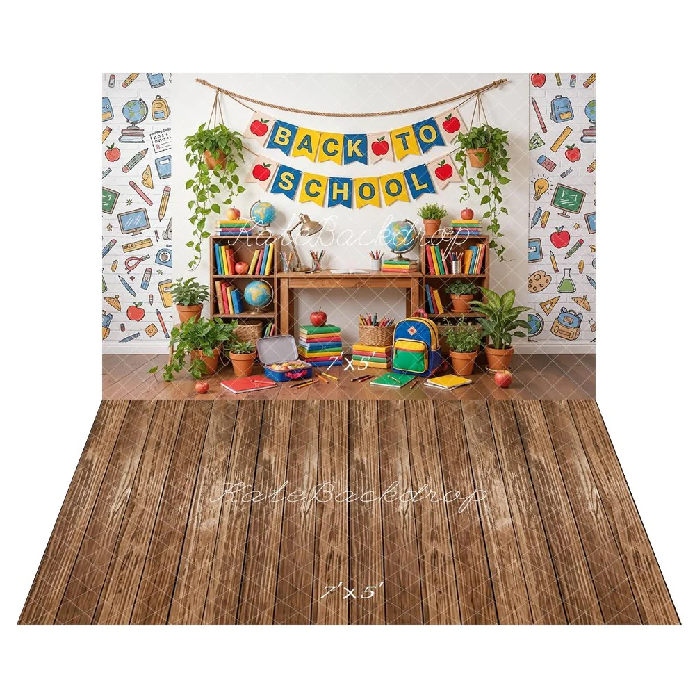 Kate Back To School Classroom Books Illustrations Backdrop+Brown Wood Texture Backdrop - Image 4