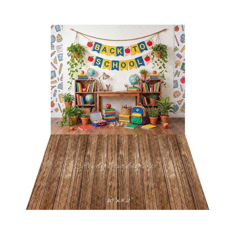 Kate Back To School Classroom Books Illustrations Backdrop+Brown Wood Texture Backdrop - Image 5